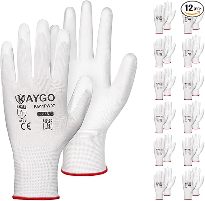 KAYGO Safety Work Gloves PU Coated-12 Pairs, KG11PB, Seamless Knit Glove with Polyurethane Coated Smooth Grip on Palm & Fingers, for Men and Women, Ideal for General Duty Work (Small, White)