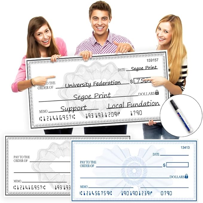 SAYANG Big Check Giant Check 40x16 Inch | Double-Sided Reusable Dry Erase Presentation Board for Fundraisers & Awards - Waterproof Paper with 2 Markers & Guide