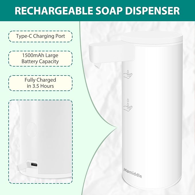 Automatic Soap Dispenser Stainless Steel with Sensor Infrared Soap Dispenser Electric IPX5 Waterproof USB-C Charging Motion Sensor for Kitchen & Bathroom (White)