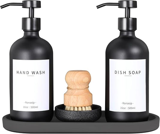 Set of 5 Kitchen Soap Dispenser Set 16 Oz Glass Hand Dish Soap Dispenser with Stainless Steel Pump, Cement Tray, Dish Scrub Brush for Farmhouse Rustic Home Bathroom Decor (Black)