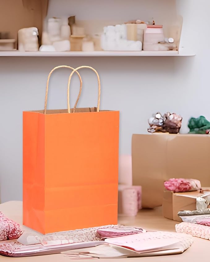 qiqee 32Pcs Small Size Orange Kraft Paper GIft Bags with Handles - 8.3"x6"x3.15" Kraft Small Party Bags