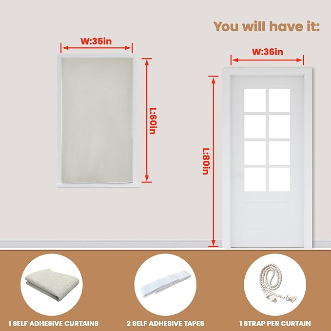 Adhesive Curtain,100% Blackout Curtains, No Drilling, Suitable for Multi-Scenes Privacy Protection (Light Beige - W35 × L60 in)