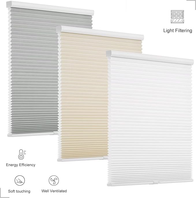 Changshade Cordless Cellular Shades, Light Filtering Honeycomb Shades for Windows, Pull Down Pleated Blinds, Easy to Install for Indoor Windows and French Doors,38" W x 72" H, Grey