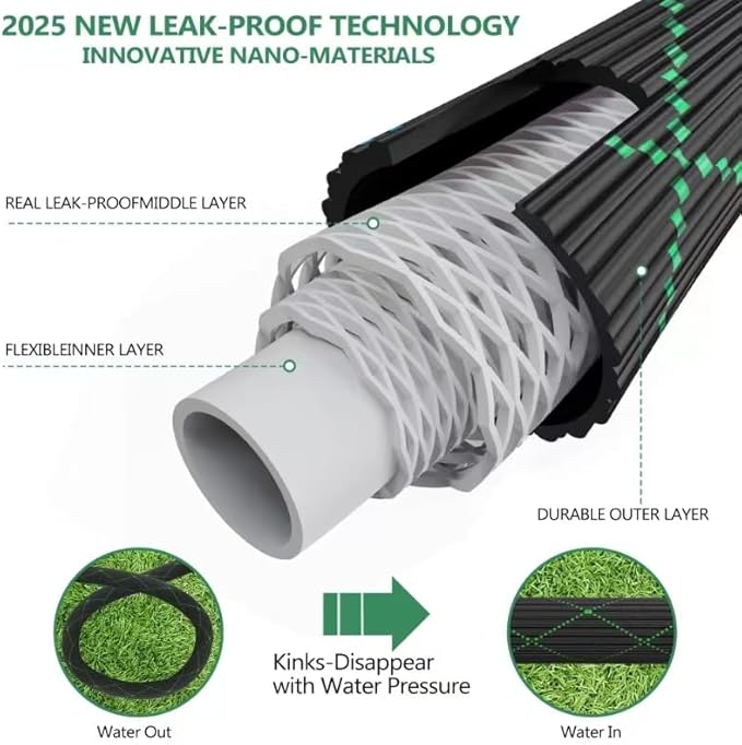 100 ft Garden Hose - 2025 New Flexible Garden Hose with 10-Function Spray Gun, Pure Brass 3/4" Fittings - Lightweight, Durable, and Kink-Free, 100ft Water Hoses for Gardening(Green Black)