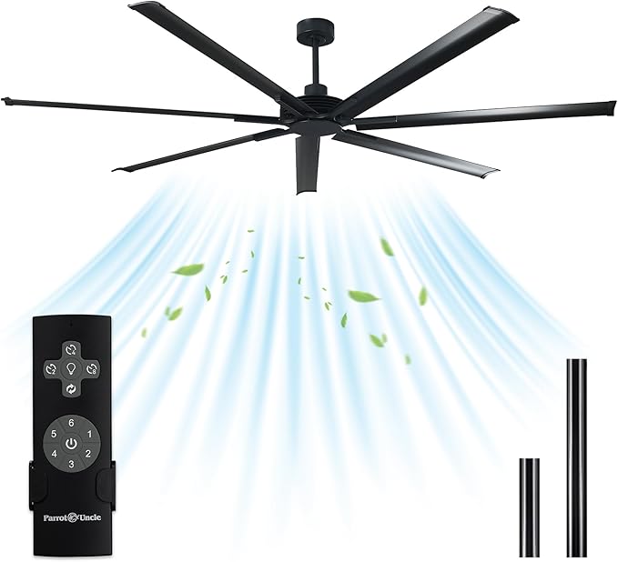 Industrial Ceiling Fans, 100 Inch Black DC Motor Ceiling Fans No Lights for Living Room Shop Garage Bedroom Indoor Outdoor, Remote Control, 6-Speed Reversible Blades, Dimmable, 3CCT, Timer