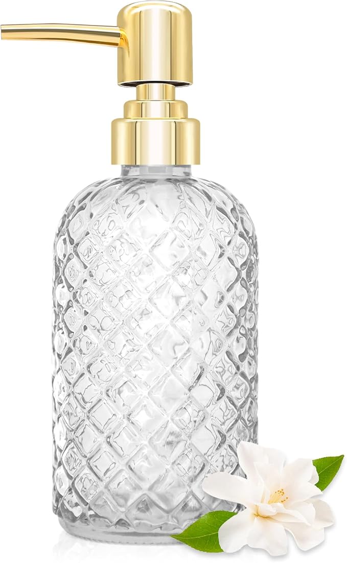 450ml Glass Soap Dispenser with Pump, 16 oz Diamond Cut Design Refillable Liquid Hand Soap Bottle Dispenser for Bathroom, Countertop, Kitchen, Laundry Room, Home Decor Accessories