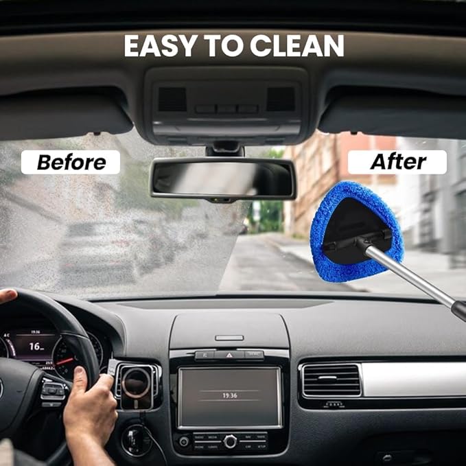 Car Windshield Cleaning Tool Set, Interior Exterior Auto Glass Cleaner Kit with Extendable Handle and 4 Reusable Microfiber Pads for Cars Trucks and Home (Green)