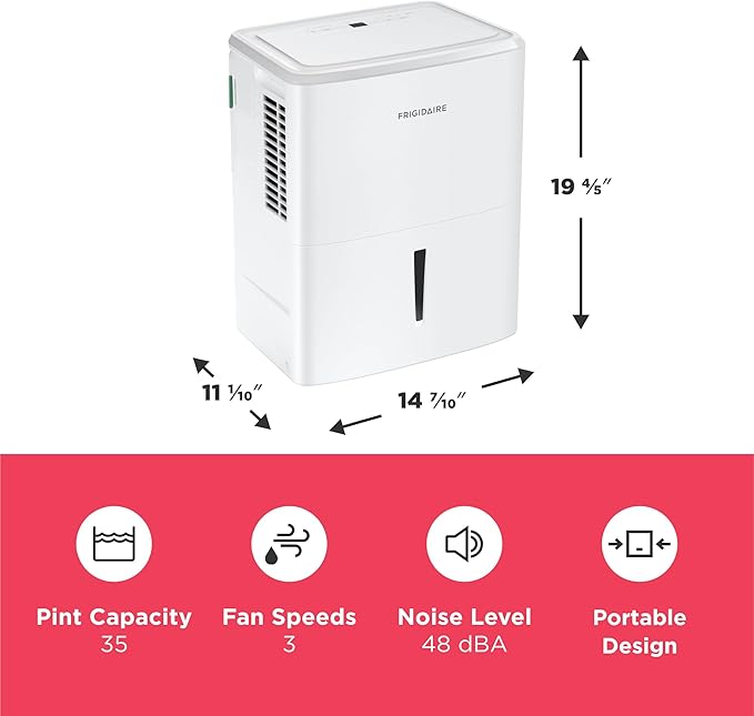 Frigidaire 35-Pint Portable Dehumidifier with Wi-Fi and Energy Star Certification for Small/Medium/Large Rooms & Basements, Custom Humidity Control, Auto Shut Off, White