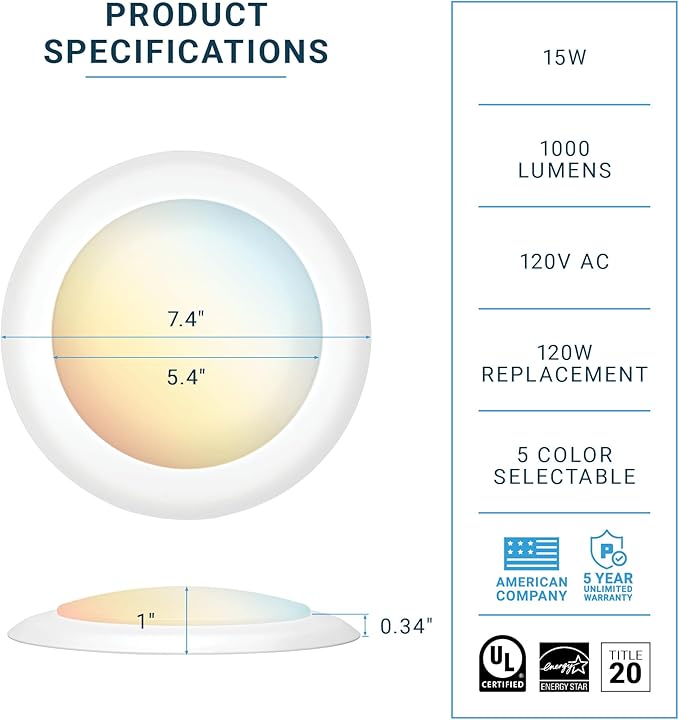 PARMIDA (12 Pack) 5/6 Inch Dimmable 5CCT LED Disk Lights, 15W Surface Mount Ceiling Lighting, 5 Color Selectable 2700K/3000K/3500K/4000K/5000K, 1100lm, J-Box Or Recessed Can Installation, UL-Listed