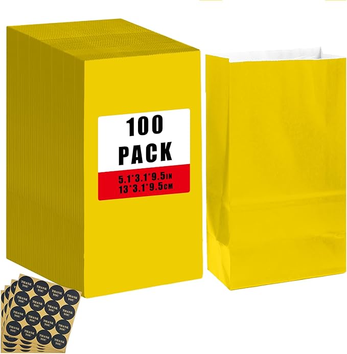 Bakepacker 100 Pcs Bright YellowTreat Paper Bags with 100 Stickers 5.1"x3.1"x9.4" Small Party Gift Bag Snack Bag without Handle