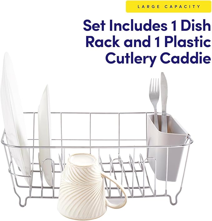 Dish Drying Rack & Cutlery Holder 2 Piece Set - Compact Sink-Fitting Dish Drainer with Rubberized Undercoating, Space-Saving Kitchen Organizer for Plates, Cups, Bowls & Utensils In Sink, Silver