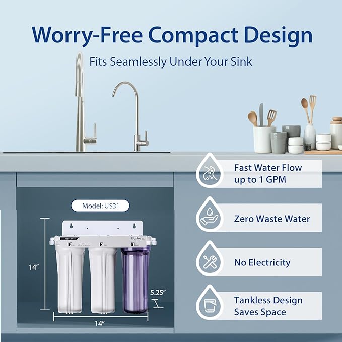 iSpring US31 Water Filtration System for Drinking, NSF Certified 3-Stage Water Filters, Tankless, High Capacity Water Filter System with Brushed Nickel Faucet
