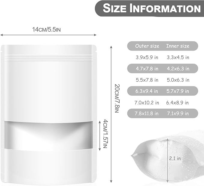 100 Pack Smell Mylar Proof Bags for Food Storage, Resealable Packaging Bag for Small Business, Stand Up Foil Pouches Reusable Heat Sealable Bags with Clear Window (White, 5.5x7.8 In)