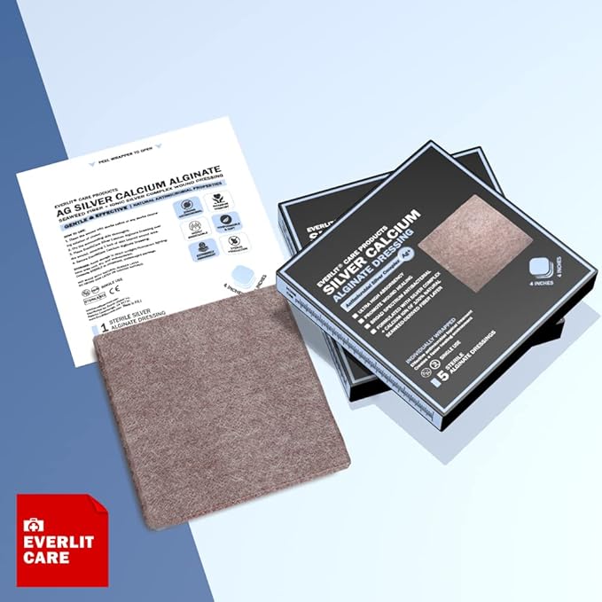 EVERLIT AG Silver Calcium Alginate Wound Dressing | Absorbent Non-Stick Sterile Dressing Pad | Gentle Gauze with Natural Gelling Fiber for Wound Care