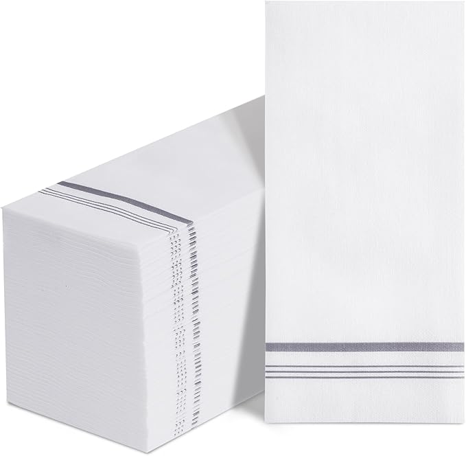 100 Disposable Paper Hand Towels for Bathroom, Linen Feel Guest Towels, Soft and Absorbent Paper Towels Napkins Bulk for Home Dinner Kitchen Wedding, 12" x 17"(Silver Trim Lined)