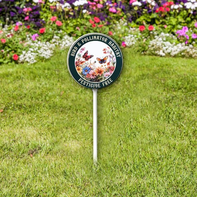 Bidesign Round (9.2X9.2) IN Bird And Pollinator Habitat Pestiside Free Yard Sign with Stake Rustproof Aluminum Butterfly Lawn Signs Stand for Home Garden Yard Decorations Outdoor