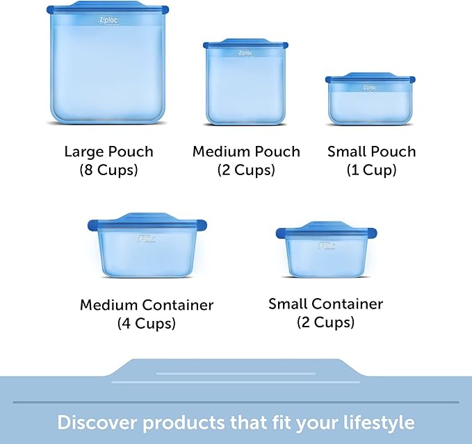Ziploc Endurables Small Pouch, 1 Cup, Reusable Silicone Bags and Food Storage Meal Prep Containers for Freezer, Oven, and Microwave, Dishwasher Safe, 2 Pack