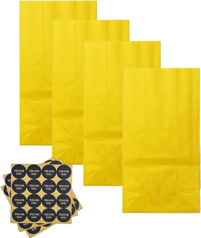Bakepacker 100 Pcs Bright YellowTreat Paper Bags with 100 Stickers 5.1"x3.1"x9.4" Small Party Gift Bag Snack Bag without Handle