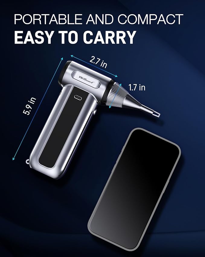 WeGuard W22 Compressed Air Duster, 180000RPM Cordless Electric Air Duster with Brushless Motor - Rechargeable & 3 Speed Adjustable - Dust Cleaner for Keyboard, Computer, Outdoor, House and Car