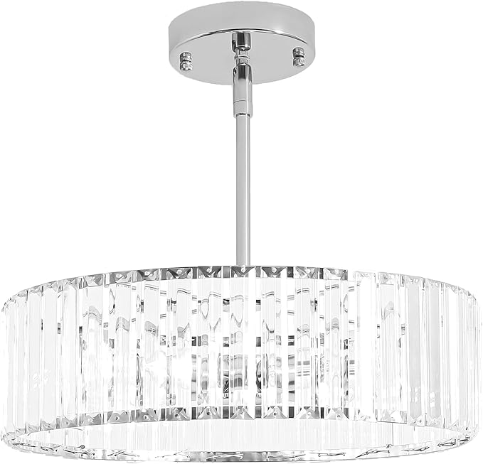 4-Light Chrome Crystal Chandelier,Modern Dinning Room Light Fixture,Round Pendant Light Kitchen Island,Semi Flush Mount Ceiling Light for Hallway Living Room Entryway Bedroom,16 Inch