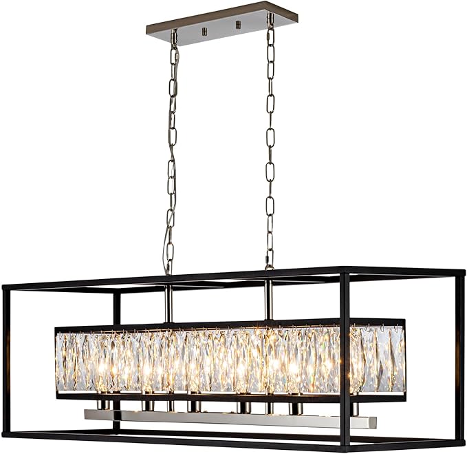 35 Inch Crystal Chandelier for Dining Room Modern Rectangular Chandeliers Over Table 6 Lights Rectangle Ceiling Pendant Lighting for Kitchen Island