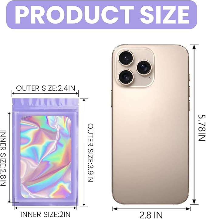 Funfery 100 pcs Purple Smell Proof Mylar Holographic Bags Packaging Bags,Clear Seal Resealable Odor Proof Bag Foil Pouch Zipper Bag for Food Storage,Gloss,Lash Packing for Small Business(2.4x3.9In)