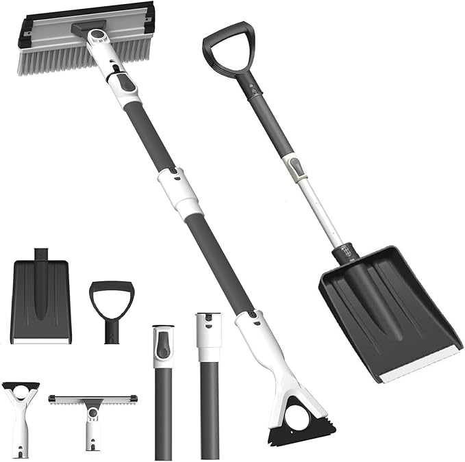 Car Snow Brush and Ice Scraper, 3-in-1 Extendable Snow Shovel with Wide Head Snow Shovel and Ice Scraper 180° Pivoting Snow Brush Head for Car Windshield, Durable Snow Remover with Foam Grip