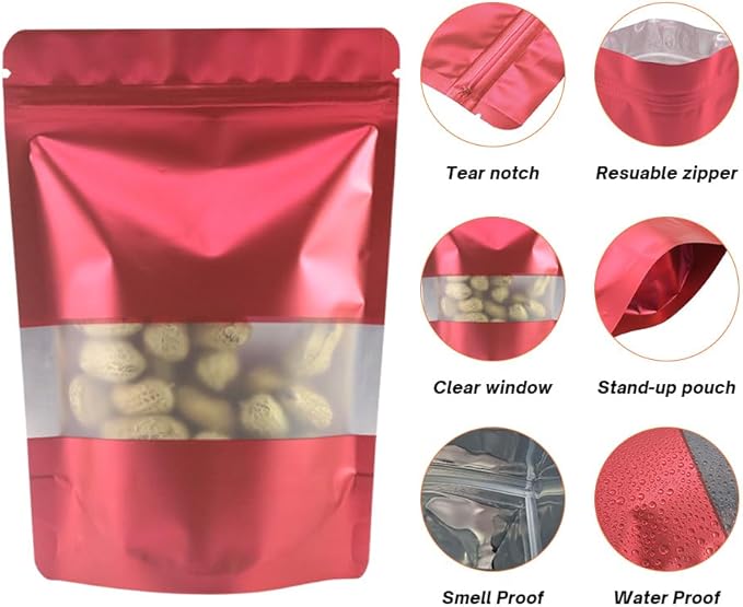 4CP 100 Pcs Red Zipper Smell Proof Bags with Window, 6.3x9.5 Inch Stand Up Foil Pouches for Food Selfsealing Storage, Reusable Bag for Packaging Small Business, Cookies, Nunt, Candy