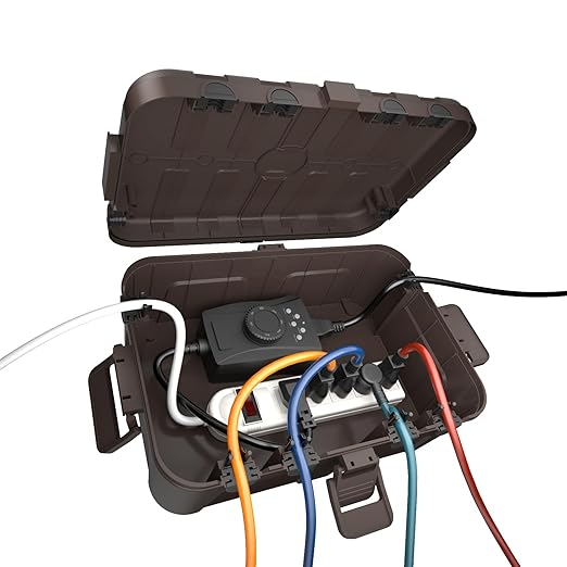 Flemoon Outdoor Electrical Box Waterproof, IP54 Waterproof Extension Cord Cover, Protect Outlet, Plug, Socket, Timer, Power Strip, Holiday Light, Large Weatherproof Connection Box, Brown