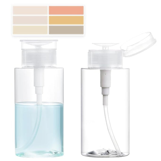 2 Pack Push Down Pump Dispenser, Empty Pump Bottle Dispenser with DlY Lables for Nail Polish, Makeup Remover, Alcohol, Facial Toner 6.7oz/200ML