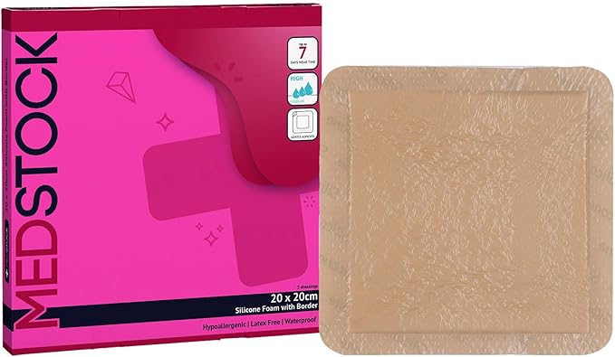 MEDSTOCK Silicone Foam Dressing with Border, 8"x8" (Pack of 5), Wound Care, Super Absorbent, Atraumatic Removal, Five Layers, Waterproof, Seals Wound Edges, No Adhesion Loss
