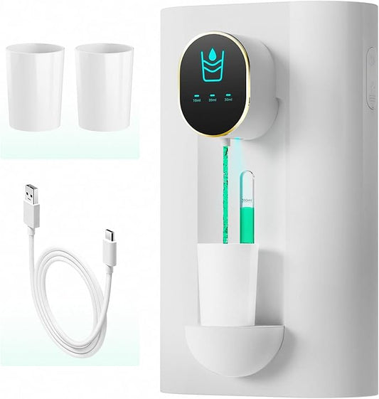 Oylik Automatic Mouthwash Dispenser 18.26 oz Touchless Mouthwash Dispenser for Bathroom 2 Magnetic Cup USB Rechargeable and 3 Dispensing Levels with Led Screen Wall-Mounted or Countertop Use-White