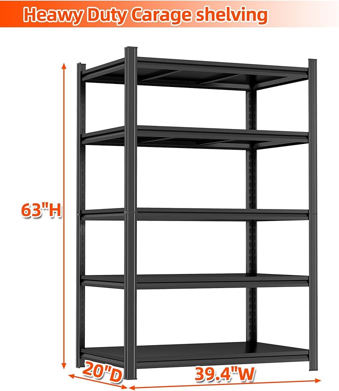 5-Tier Shelving Unit, Industrial Metal Heavy Duty Garage Shelving, 2500 LBS Metal Storage Shelf, Adjustable Steel Shelves for Garage, Pantry Closet, Warehouse, Basement, Workshop, Black