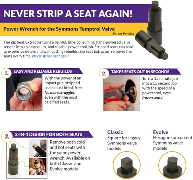 Zip Seat Power Tool Extractor Set for Symmons Temptrol Valves, Set Includes Extractor Classic, Extractor Evolve, Diverter, and Power Drill Bit