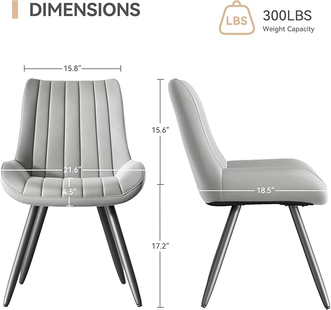 Dining Chairs Set of 6, Mid Century Modern Kitchen Chairs with Soft Cushion, Comfortable Upholstered Fabric Dining Room Chair for Kitchen, Light Grey