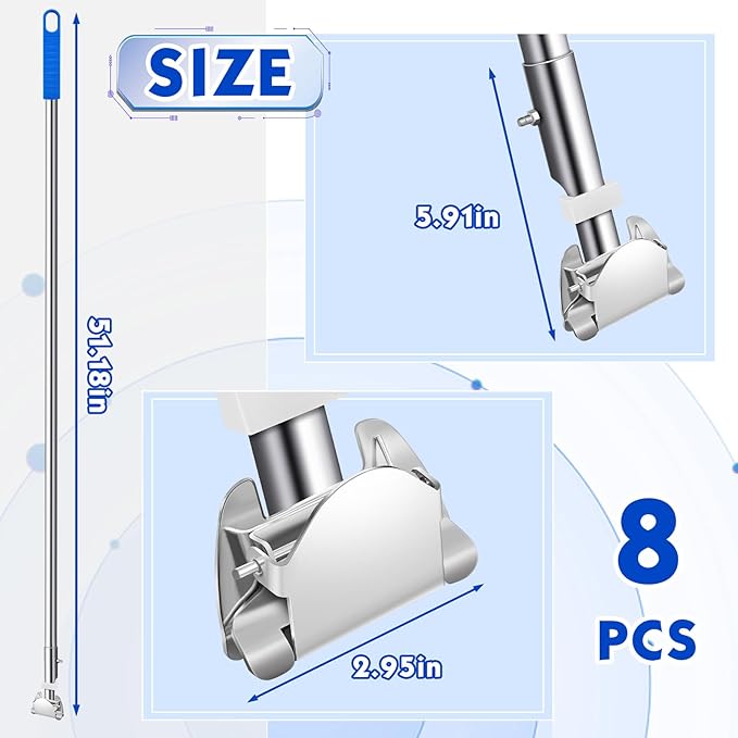Suclain 8 Psc Clip on Dust Mop Handle with Chuck 51.18 Inch Stainless Steel Flexible Maneuvering Mop Stick Replacement for Home Restaurant Kitchen Office Bathroom Wood Laminate Tile Floor Cleaning