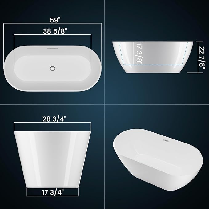 Freestanding Bathtub, Acrylic, Deep Soaking Tub with Non-Slip Base, CUPC Certified Free Standing Tub, Chrome Drain Bath Tub, Modern Tub for Bathrooms, White, 59''