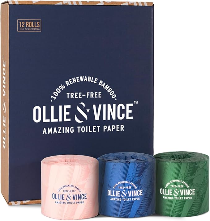 Ollie & Vince Bamboo Toilet Paper | Sustainable, Eco-Friendly, Plastic-Free & Tree-Free, Organic | 12 Rolls, 3-Ply, Soft, Strong & Septic Safe, Unscented | Premium Bathroom Tissue