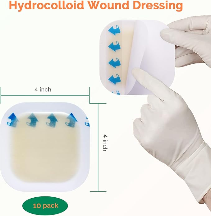 Hydrocolloid Bandages 4" x 4" with Thin Border Large Hydrocolloid Dressing, Self Adhesive Big Waterproof Highly Absorbent Hydrocolloid Patch for Burn Bedsore, Bliste, Acne Care(10 Pack)