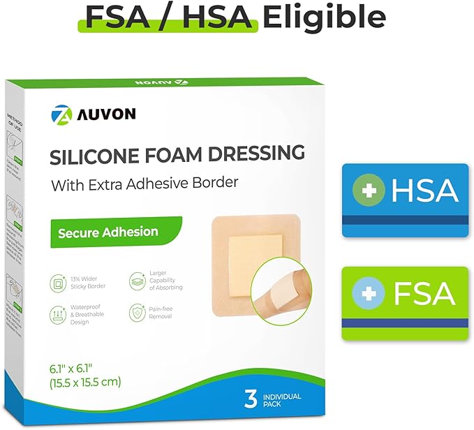 AUVON Silicone Foam Dressing with Large Adhesive Border, 6" x 6" Waterproof Wound Care Pads with High Absorbency, Silicone Wound Bandage for Pressure Ulcer, 3 Packs, FSA/HSA Eligible