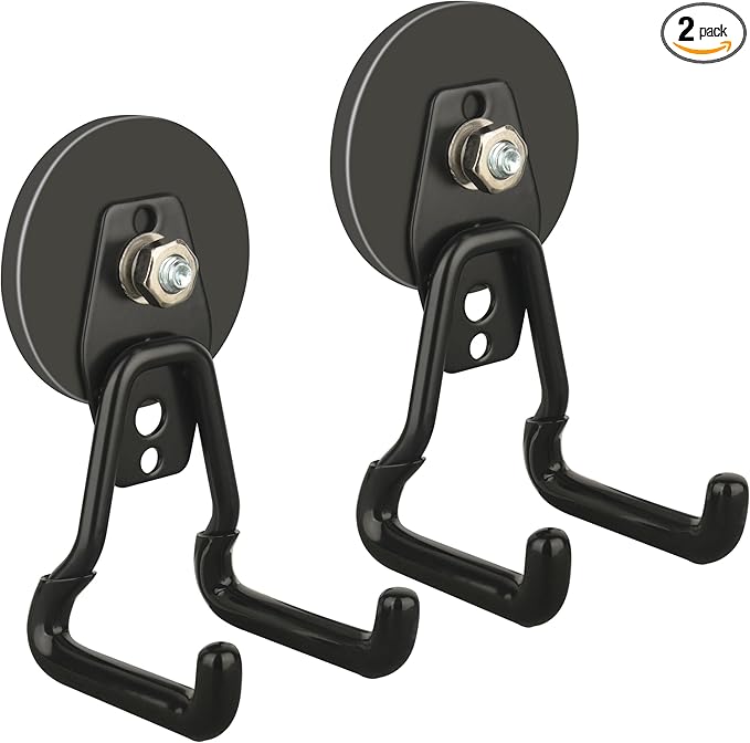 ULIBERMAGNET New Upgraded Large Magnetic Hooks,Strong Heavy Duty Magnet Hooks for Power Drill,Broom,Garden Tools,Pegboard,Garage,Workshop,Hardware, 2 Pack Magnet Storage Holder for Hanging(Black)