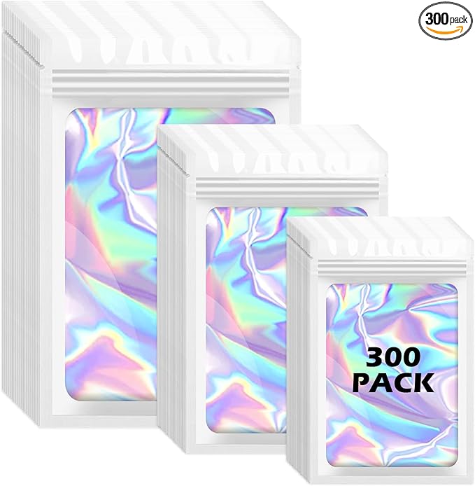 300 Pcs Holographic Mylar Bags, 3 Sizes, Smell Proof, Airtight, Reusable, Layered Construction, Zipper Closure, White