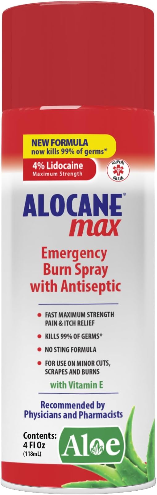 ALOCANE Emergency Burn Spray, 4% Lidocaine Max Strength Fast Pain Itch Relief for Minor Burns, Sunburn, Kitchen First Aid Treatment Burn Care, 4 Fl Oz