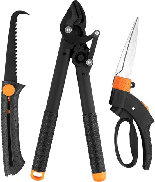 Heavy-Duty Lopper, 360° Rotating Grass Shears & Retractable Pruning Saw | Complete Branch Cutting & Lawn Care Kit,3PCS