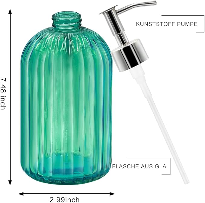 Pack of 2 Glass Soap Dispenser With Pump, 400 ml for Washing Up Liquid, Shampoo and Lotion, Refillable for Kitchen, Bathroom, Laundry Room (Green)