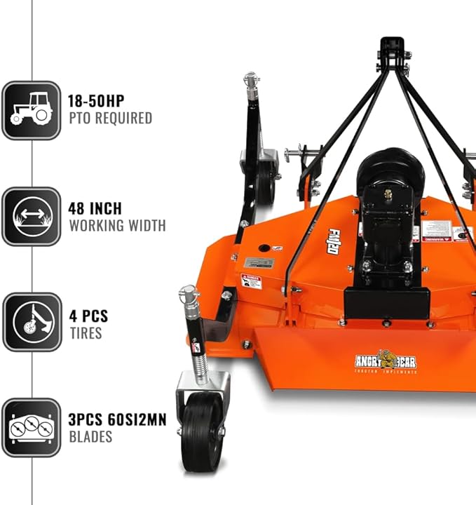 3 Point PTO 48'' Working Width Finish Mower Attachment for 18-50hp Tractor, Category 1 Hitch, 4-Tires, 0.4'' - 4.5'' Adjustable Cutting Height, Model FM120