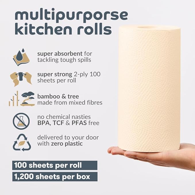 Bumboo |100% Bamboo Unbleached Kitchen Rolls | Pack of 12 Rolls (2-Ply) | FSC Certified | Multipurpose, Plastic-Free, Eco-Friendly, Super Absorbent, Strong & Sustainable