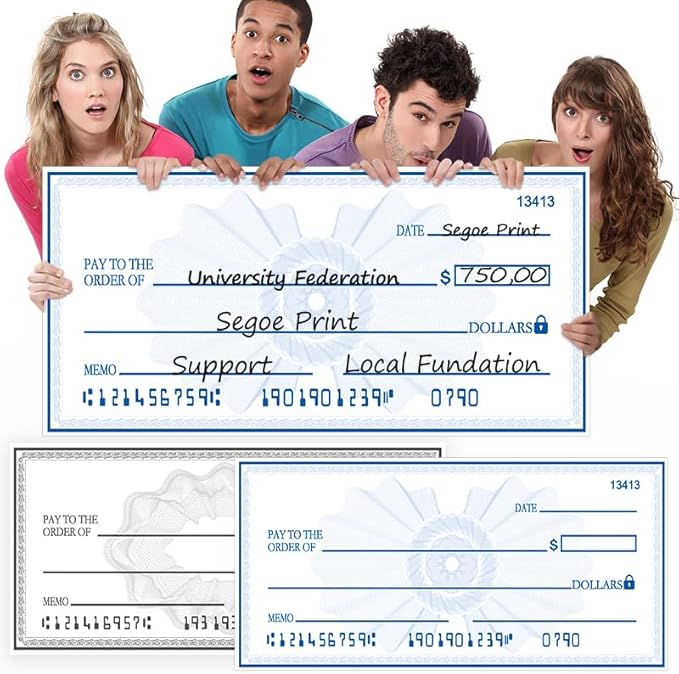 40x16 Inch Giant Check Big Checks for Presentations | Double-Sided Dry Erase Paper Check | Waterproof Laminated Fundraising Sign for Events | Reusable Presentation Sheet(Black/Blue)