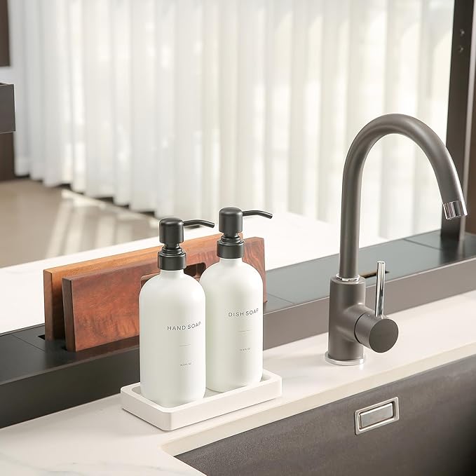 Kitchen Soap Dispenser Set, White Soap Dispenser with Black Stainless Steel Pump, Perfect for Modern Kitchen Decor. (White)