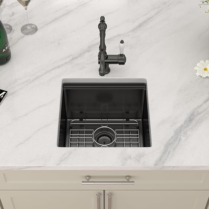 Dcolora 17 Inch Black Kitchen Sink Undermount Wet Bar Sink Workstation Spuare16 Gauge Stainless Steel Small Prep Sinks Single Bowl 17’x17", DC-U1112
